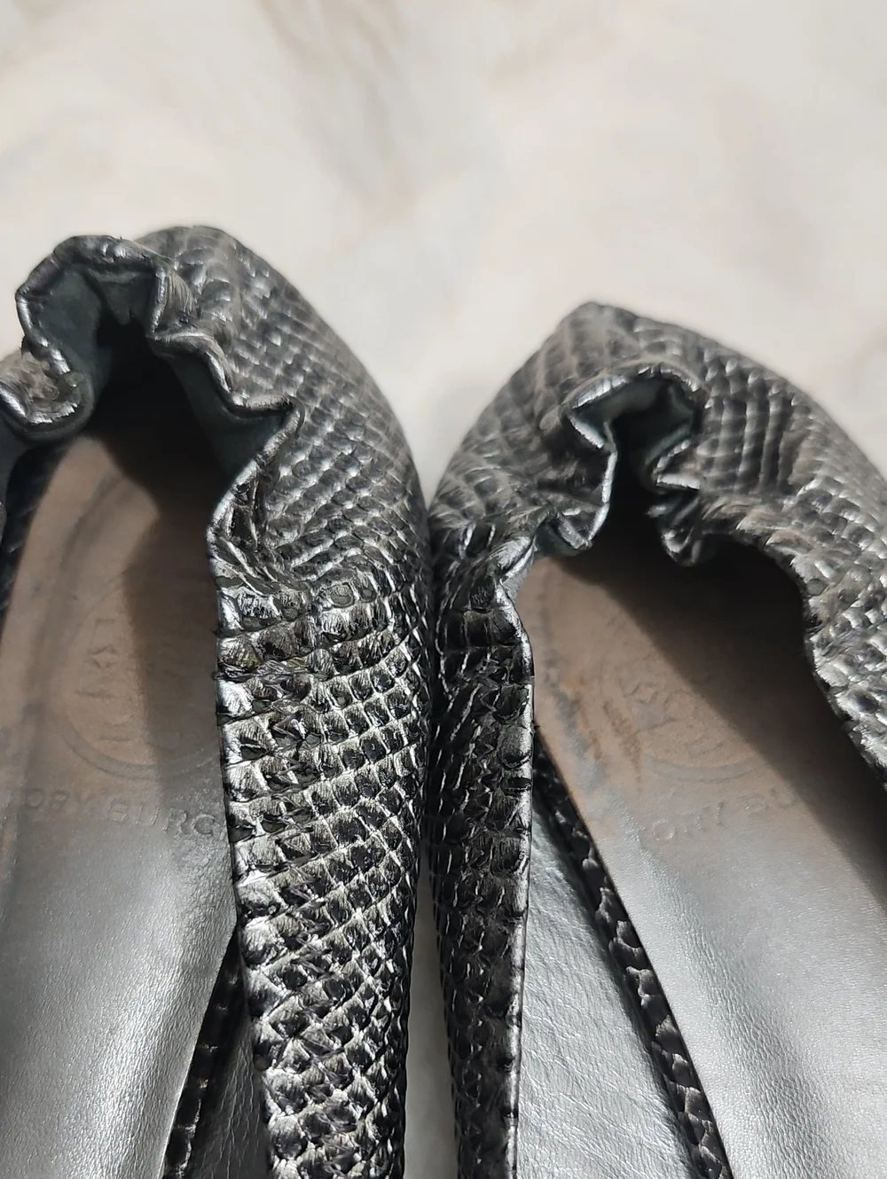 Tory Burch Metallic Black Snake-Embossed Ballet Flats